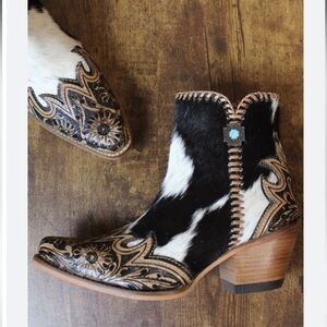 Cowhide & Tooled Leather Western Ankle Boots - Size 7 Myra - Brand New Handmade